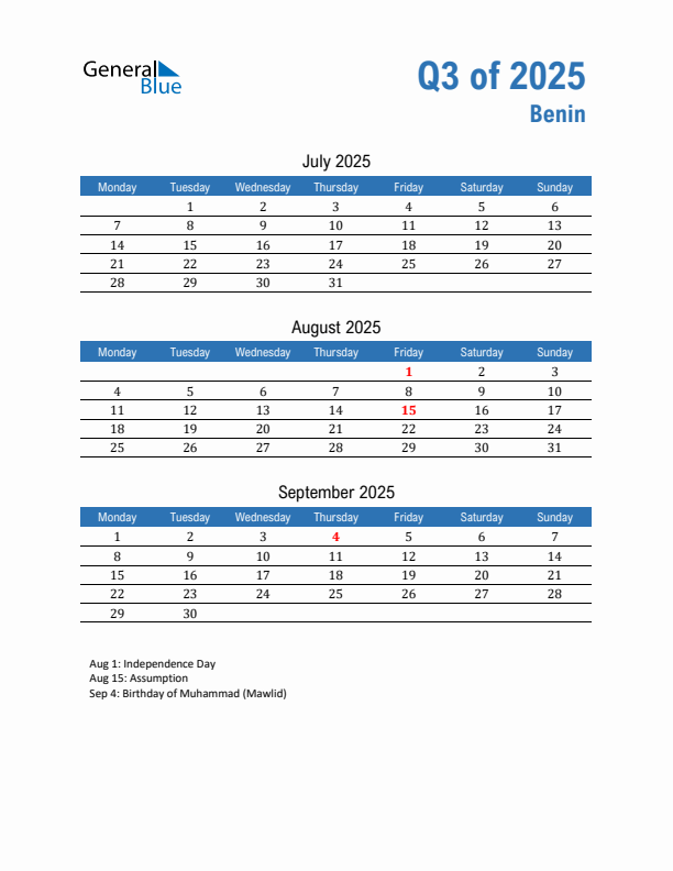 Benin 2025 Quarterly Calendar with Monday Start