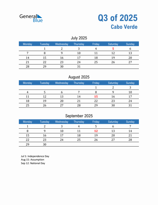 Cabo Verde 2025 Quarterly Calendar with Monday Start
