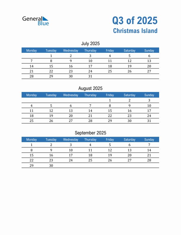 Christmas Island 2025 Quarterly Calendar with Monday Start