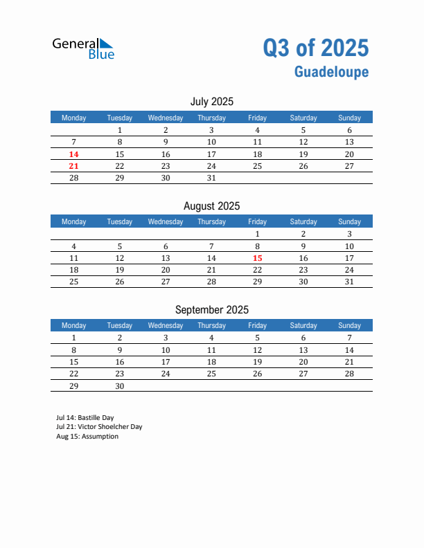Guadeloupe 2025 Quarterly Calendar with Monday Start