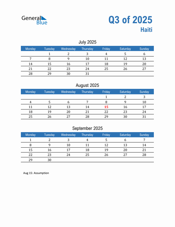 Haiti 2025 Quarterly Calendar with Monday Start
