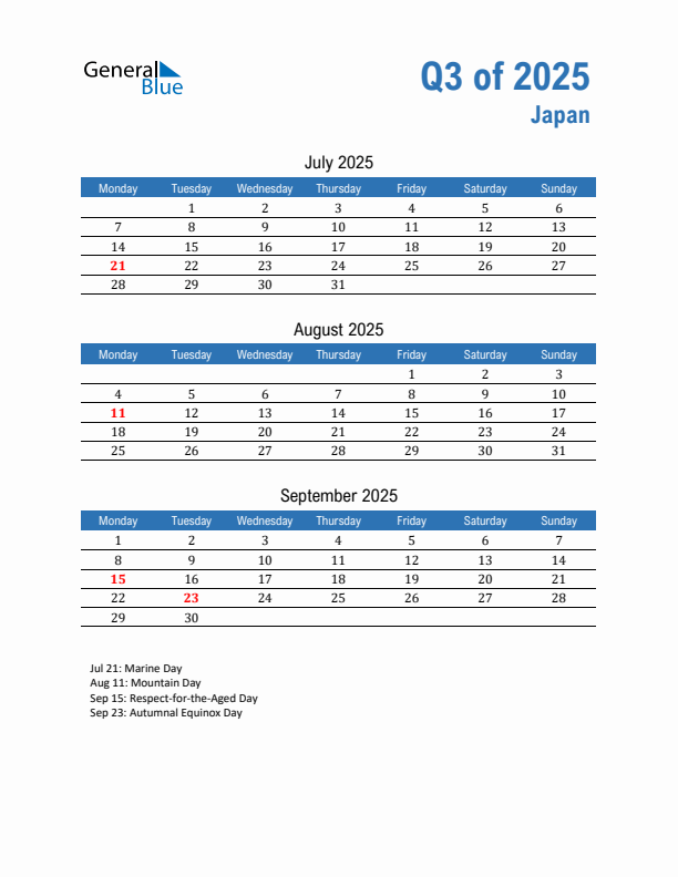 Japan 2025 Quarterly Calendar with Monday Start