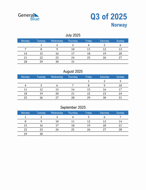 Threemonth calendar for Norway Q3 of 2025