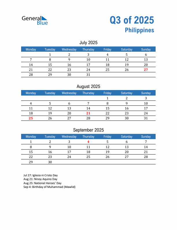 Three-month calendar for Philippines - Q3 of 2025