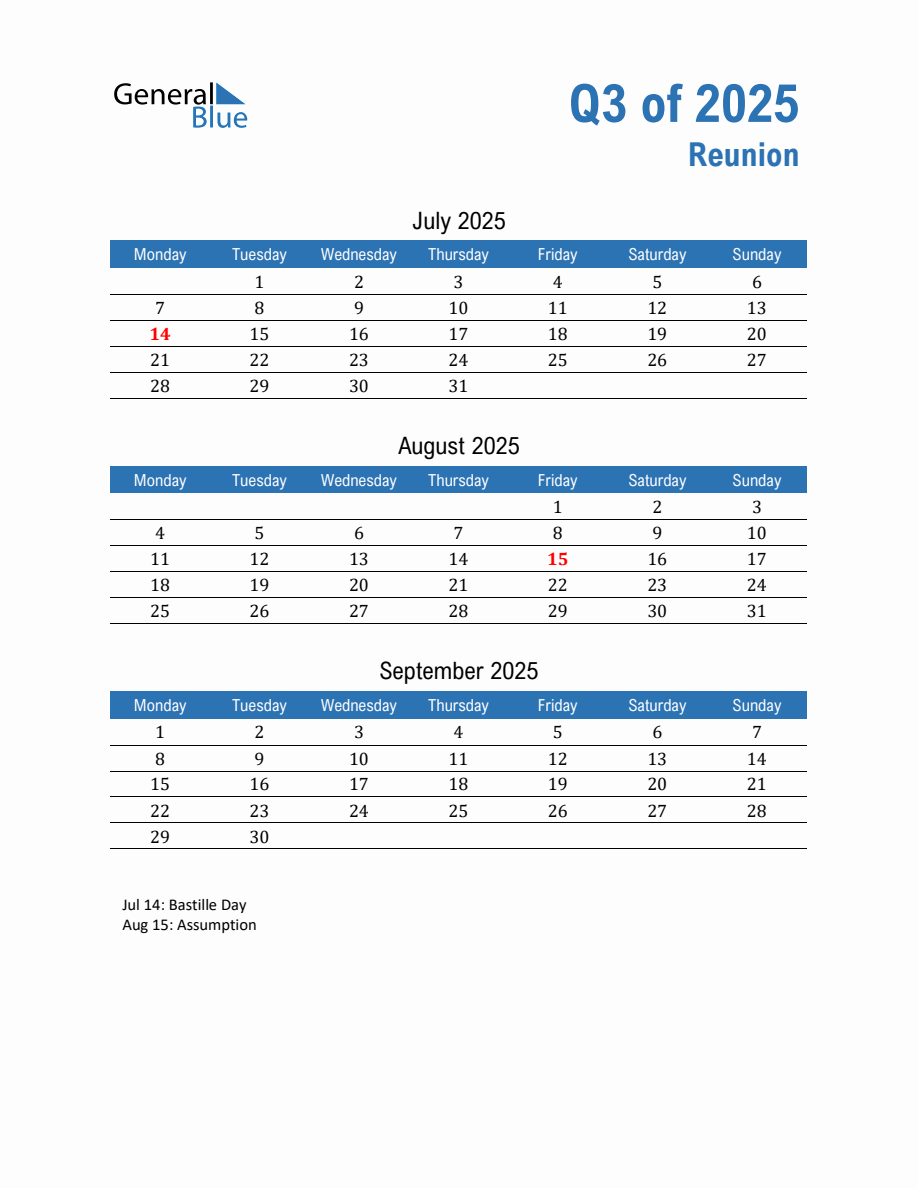 Reunion 2025 Quarterly Calendar with Monday Start