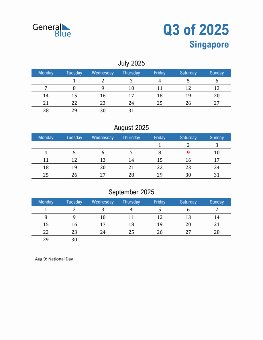 Singapore 2025 Quarterly Calendar with Monday Start