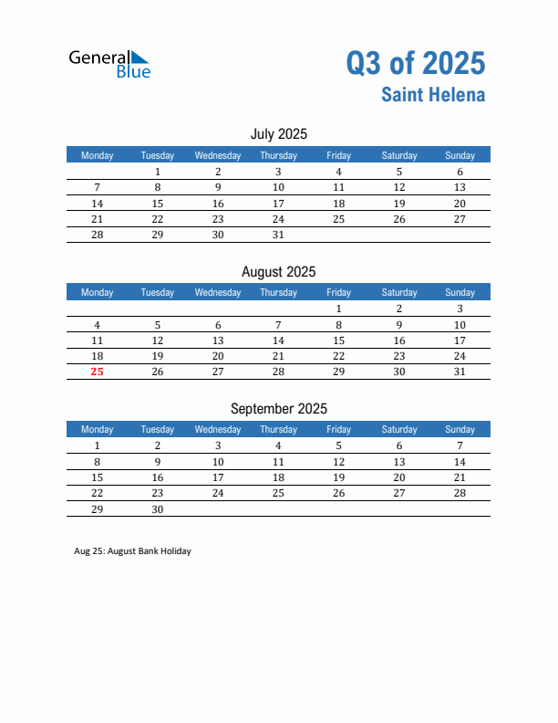 Saint Helena 2025 Quarterly Calendar with Monday Start