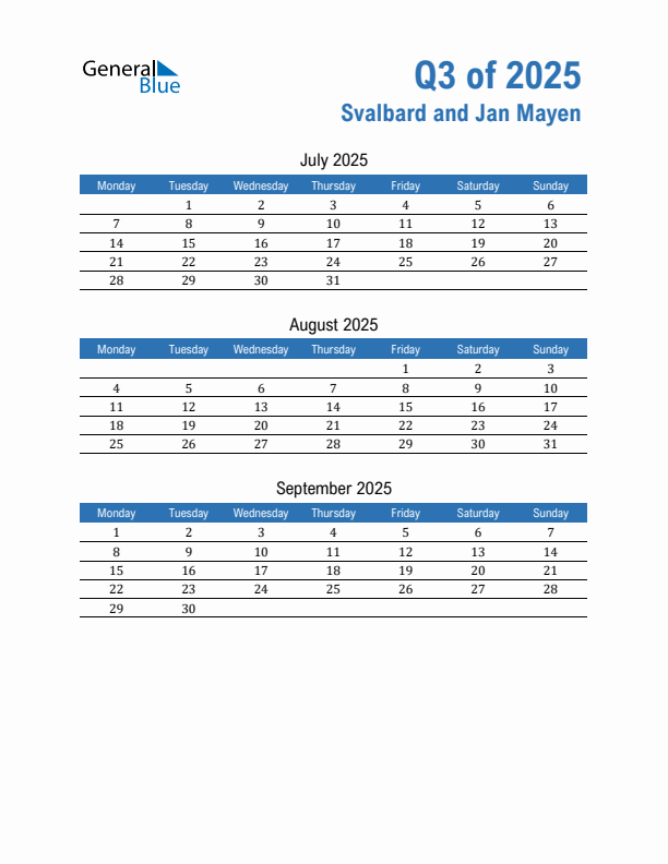Svalbard and Jan Mayen 2025 Quarterly Calendar with Monday Start