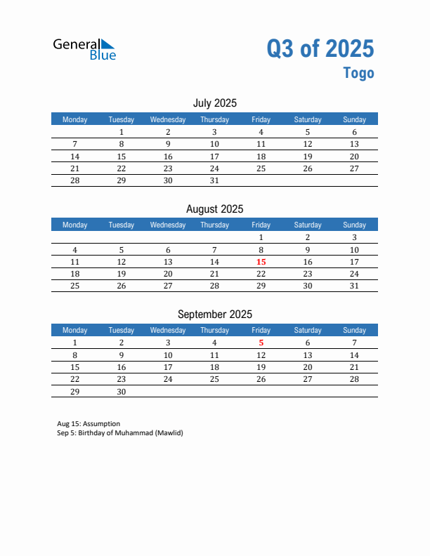 Togo 2025 Quarterly Calendar with Monday Start