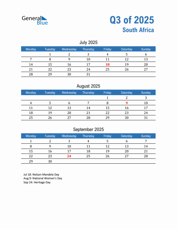South Africa 2025 Quarterly Calendar with Monday Start