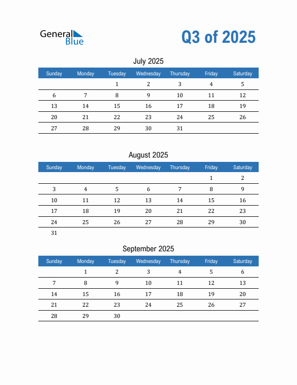 Fillable Quarterly Calendar for Q3 2025