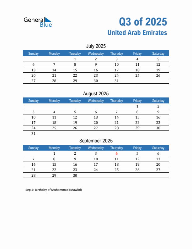 United Arab Emirates 2025 Quarterly Calendar with Sunday Start