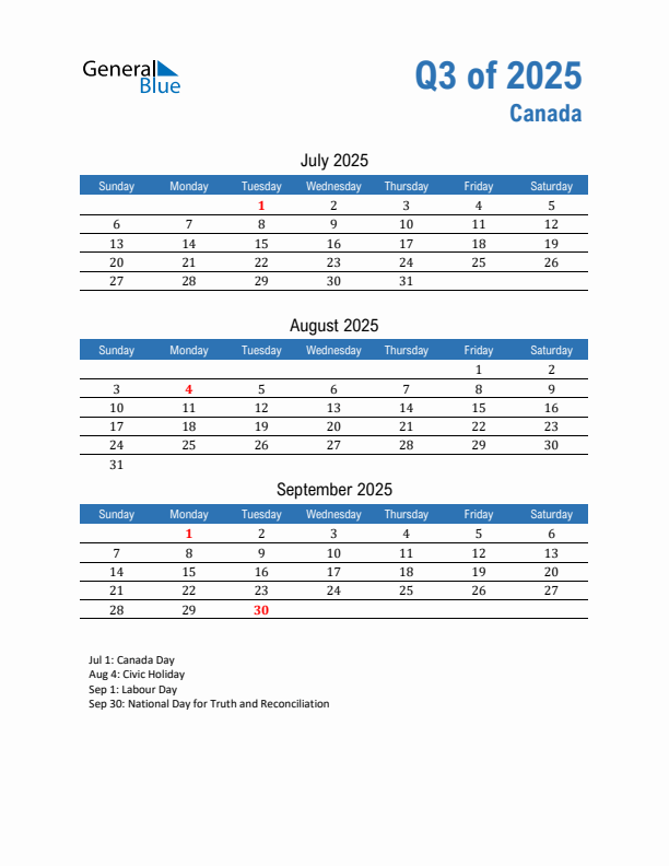 Q3 2025 Quarterly Calendar with Canada Holidays (PDF, Excel, Word)