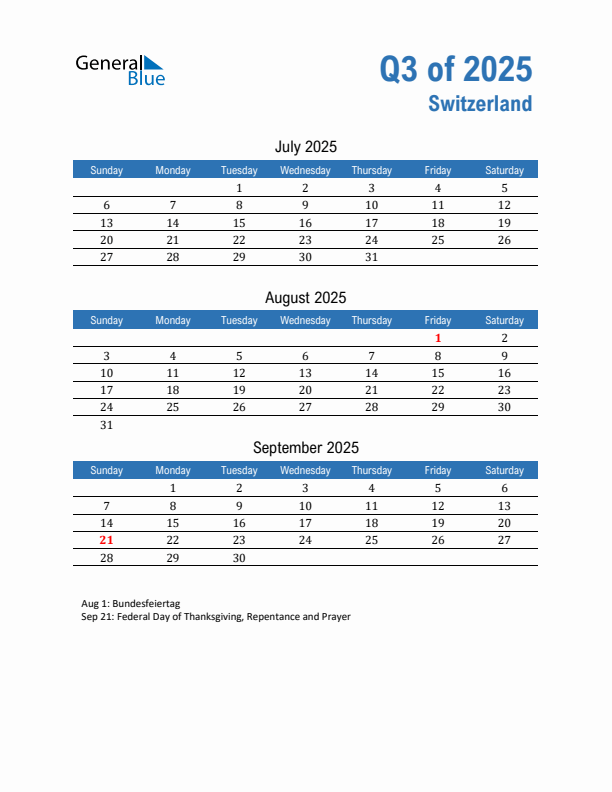 Switzerland 2025 Quarterly Calendar with Sunday Start