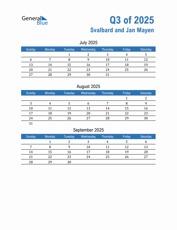 Svalbard and Jan Mayen 2025 Quarterly Calendar with Sunday Start