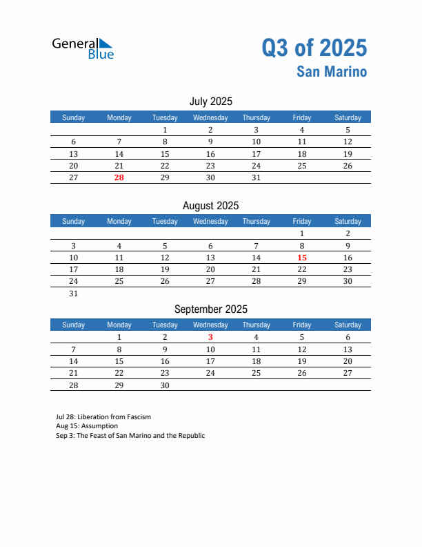 San Marino 2025 Quarterly Calendar with Sunday Start