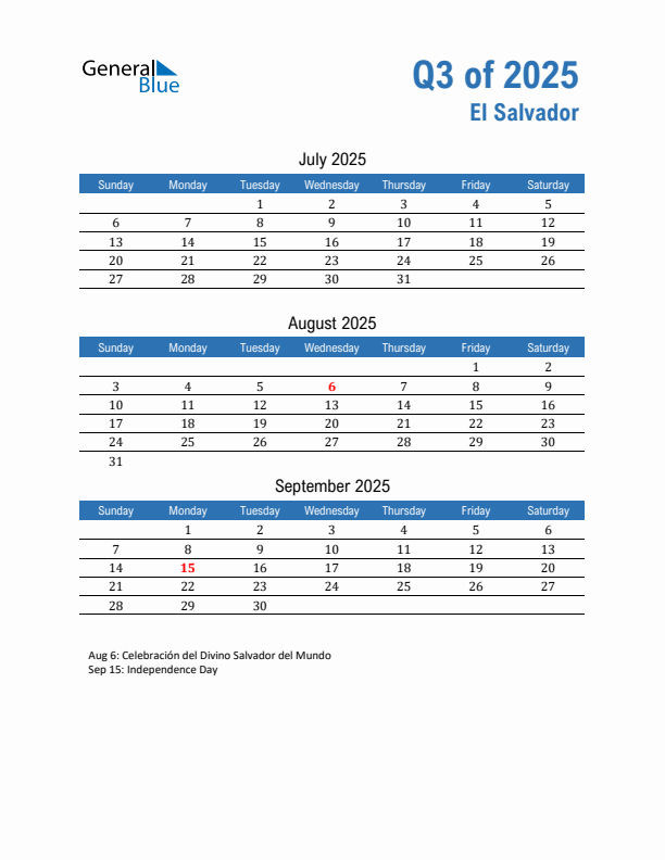 El Salvador 2025 Quarterly Calendar with Sunday Start
