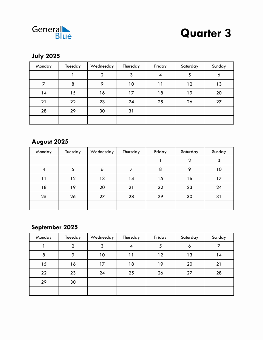 Quarter 3 2025 Calendar with Monday Start