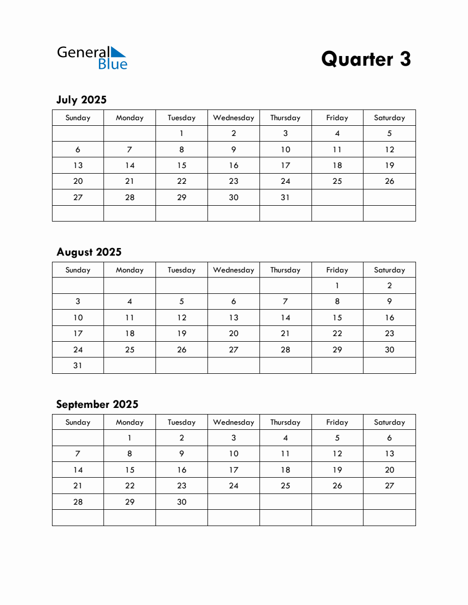 Quarter 3 2025 Calendar with Sunday Start