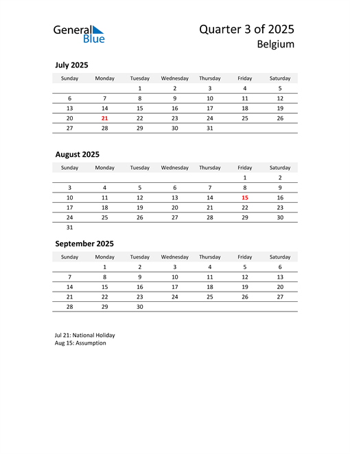  2025 Three-Month Calendar for Belgium
