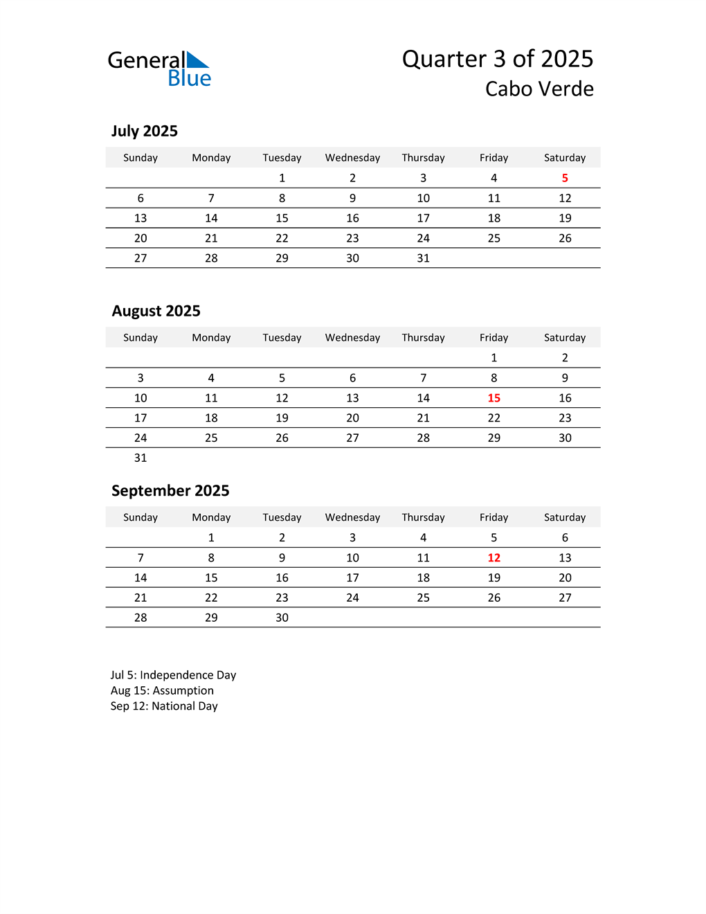  2025 Three-Month Calendar for Cabo Verde