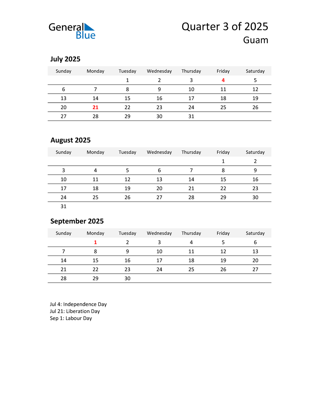  2025 Three-Month Calendar for Guam