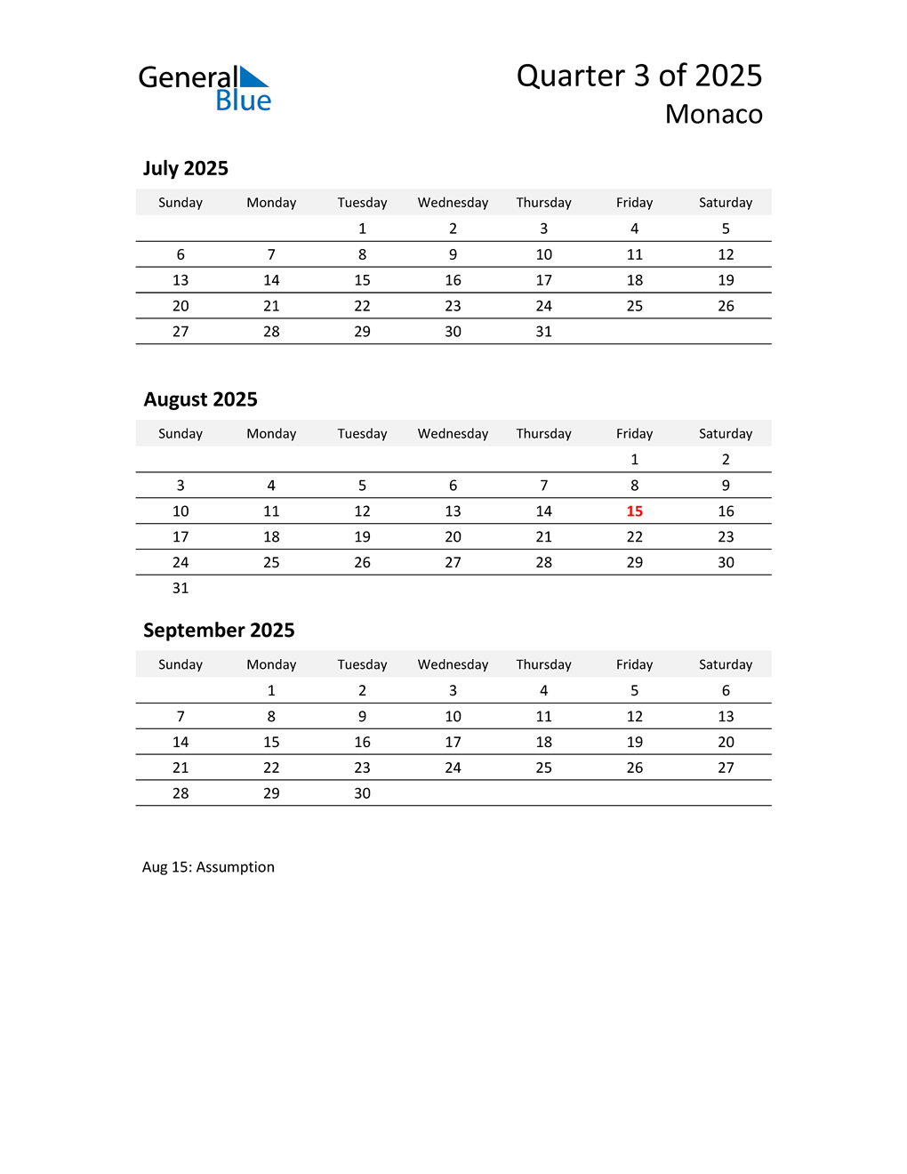  2025 Three-Month Calendar for Monaco