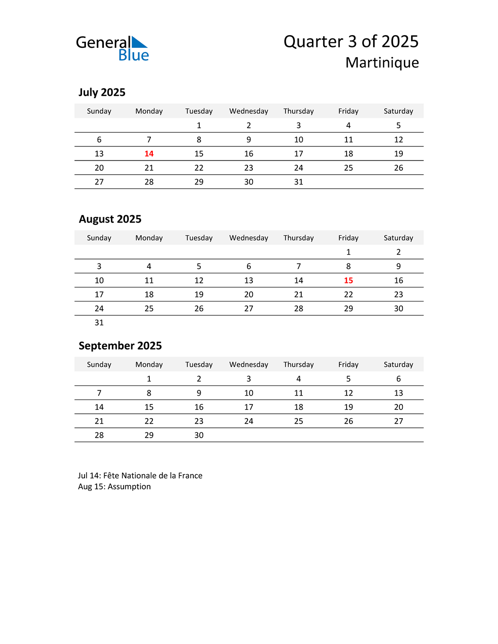  2025 Three-Month Calendar for Martinique