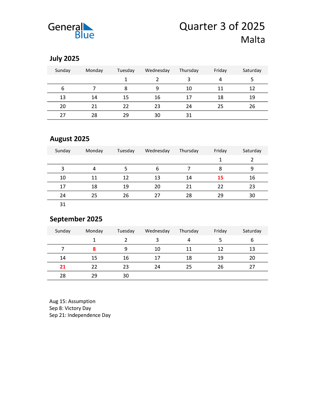  2025 Three-Month Calendar for Malta