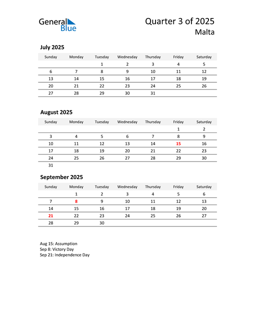  2025 Three-Month Calendar for Malta