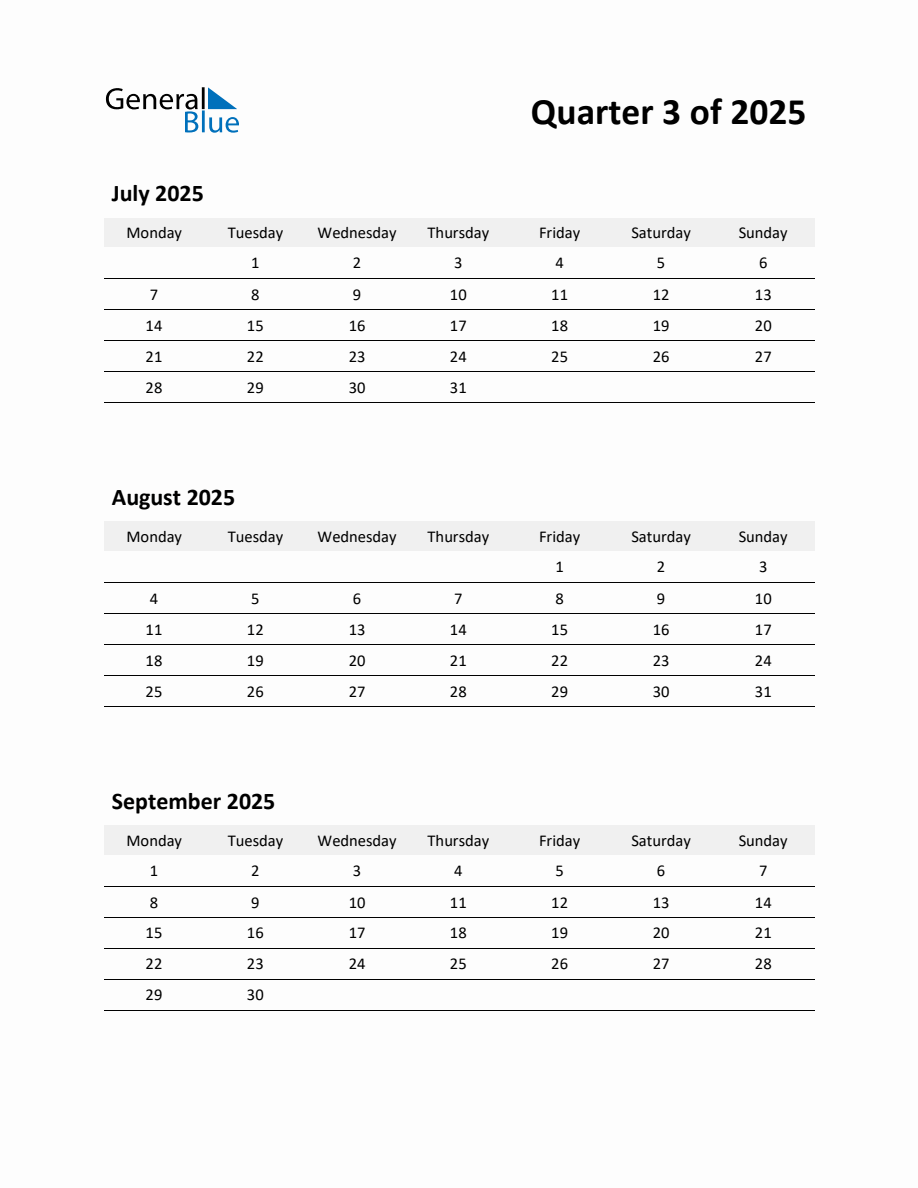 2025 Q3 ThreeMonth Calendar (July, August, and September)