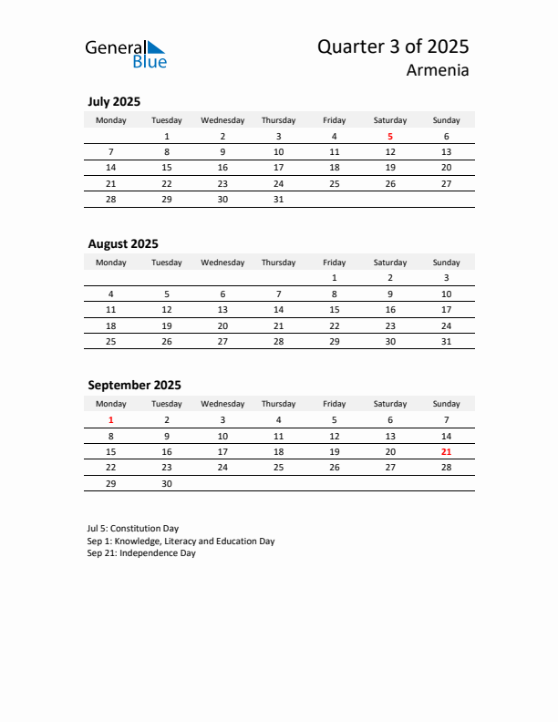 2025 Three-Month Calendar for Armenia