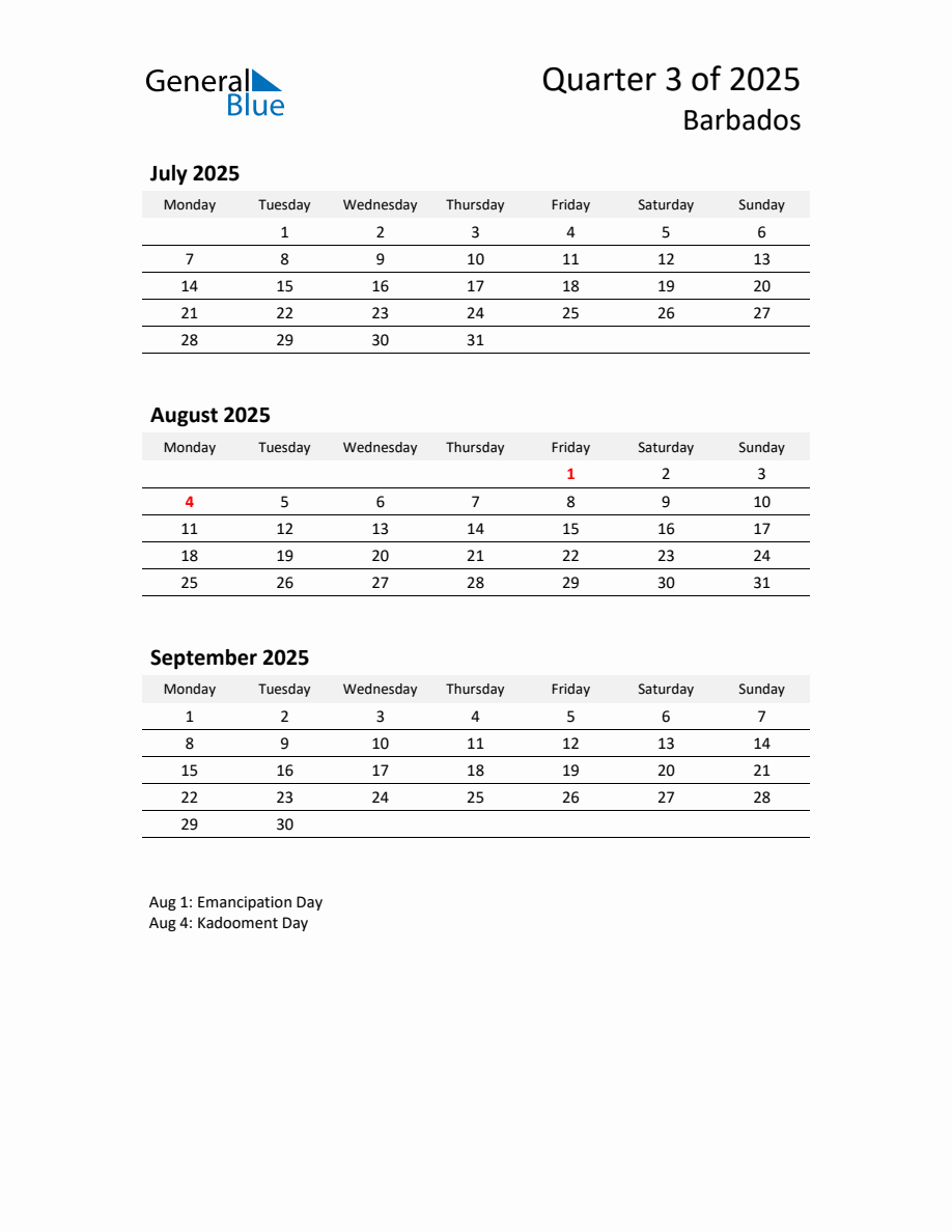 2025 ThreeMonth Calendar for Barbados