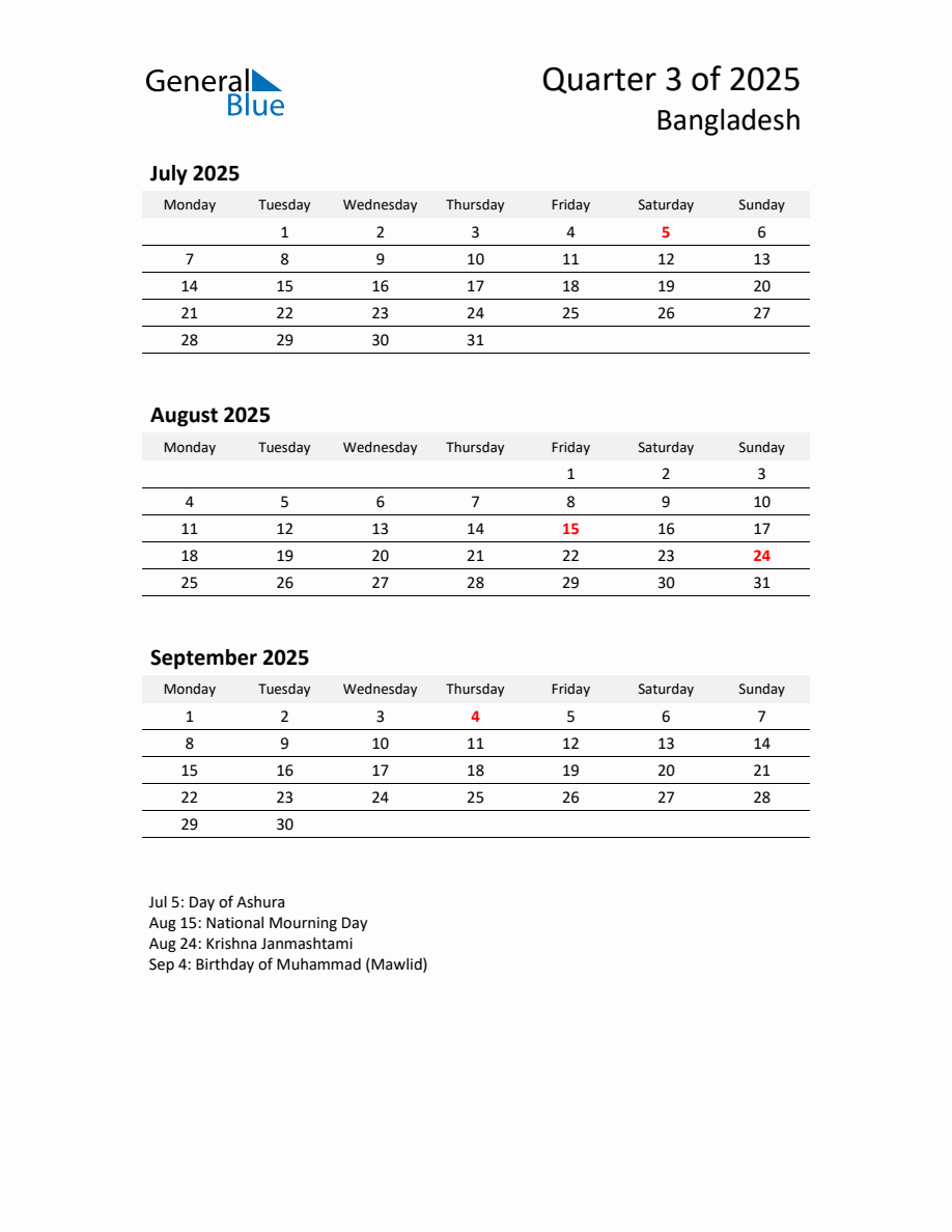 2025 ThreeMonth Calendar for Bangladesh