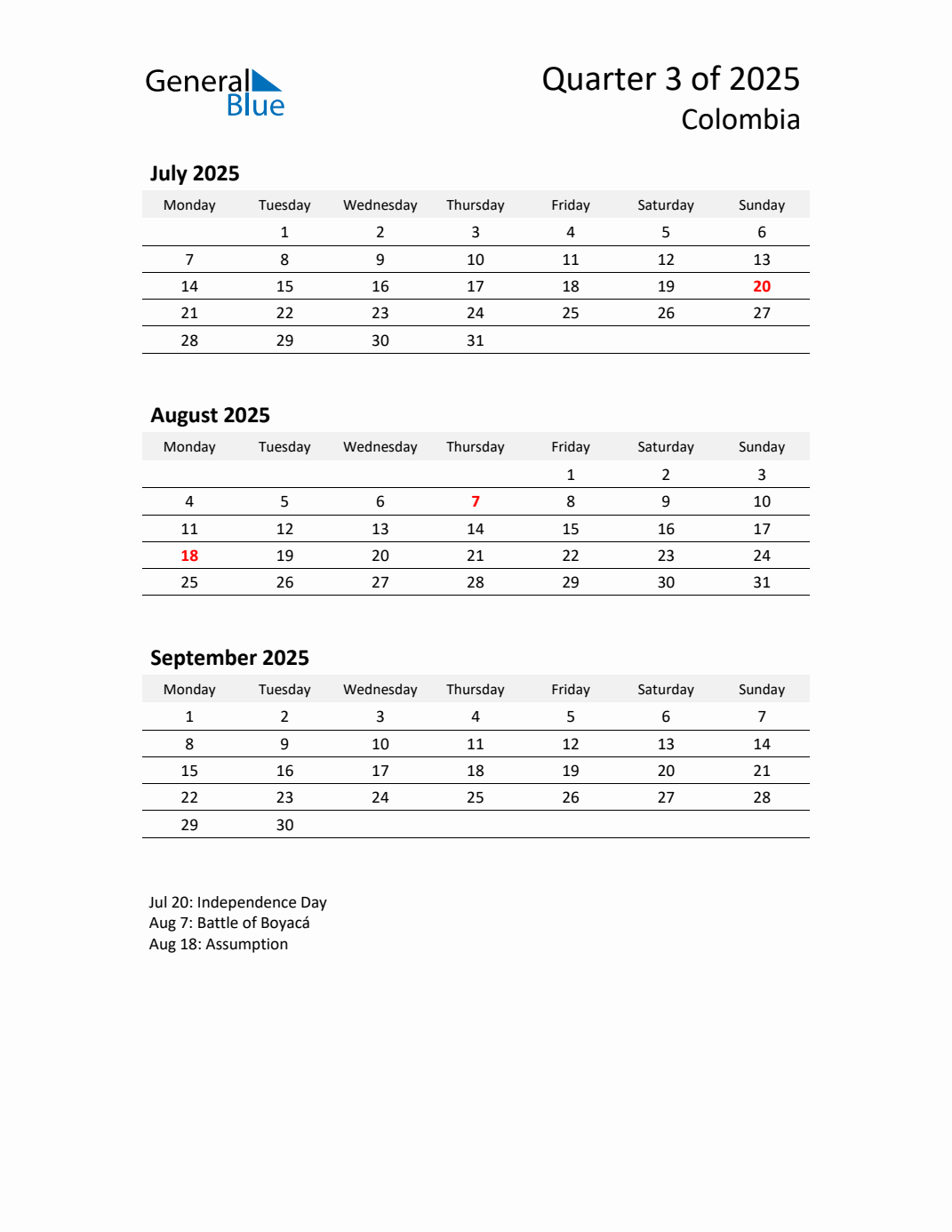 Threemonth calendar for Colombia Q3 of 2025