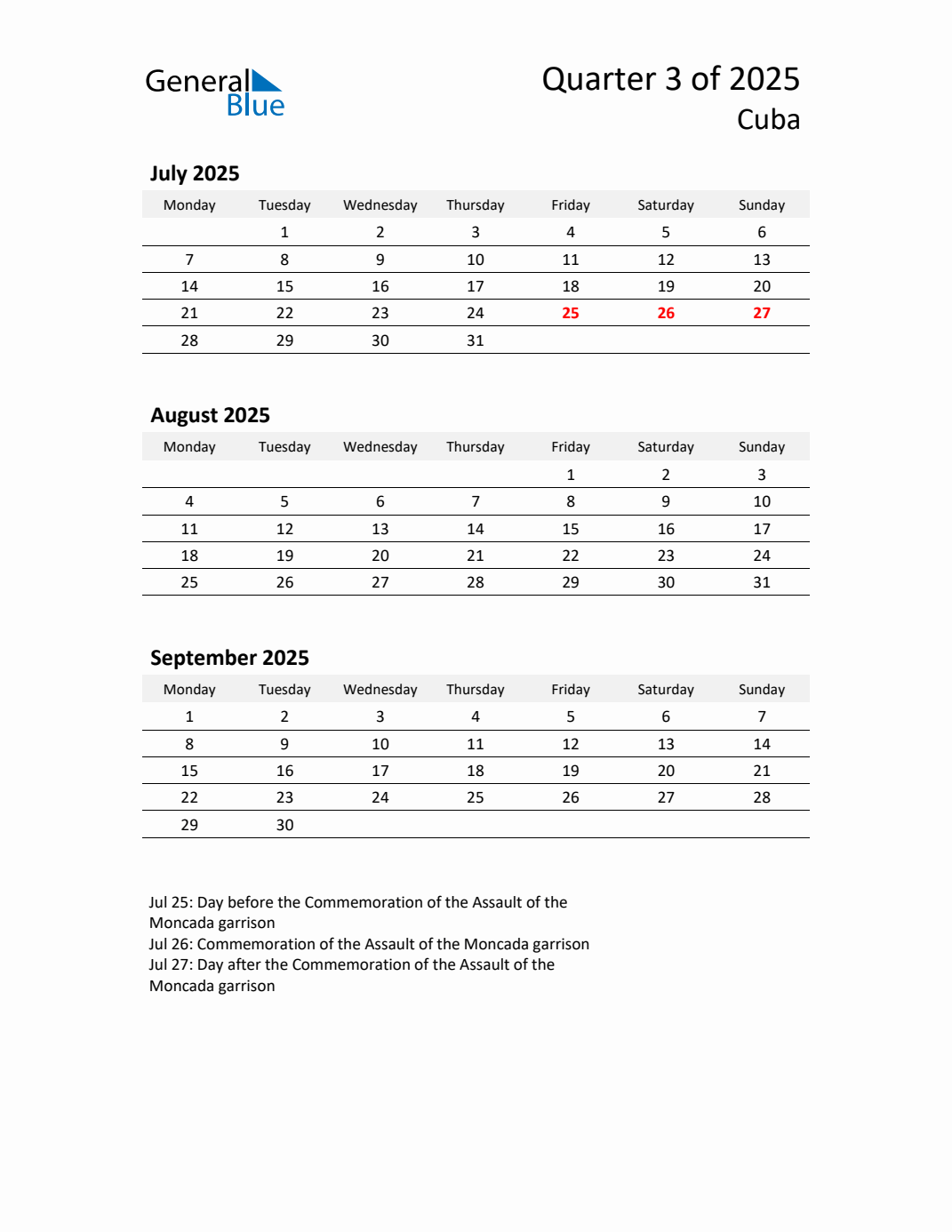 Threemonth calendar for Cuba Q3 of 2025