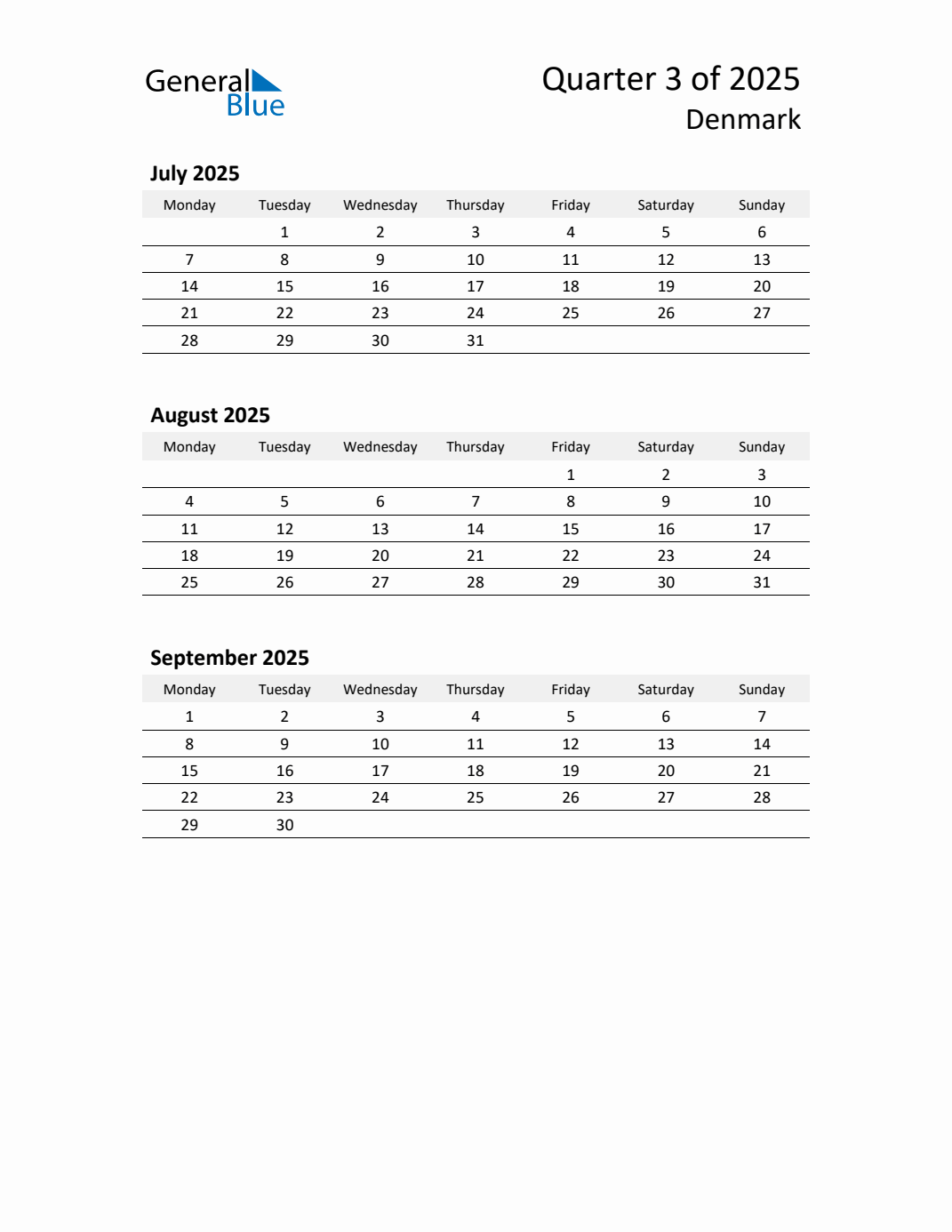 Threemonth calendar for Denmark Q3 of 2025