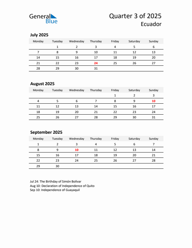 2025 Three-Month Calendar for Ecuador