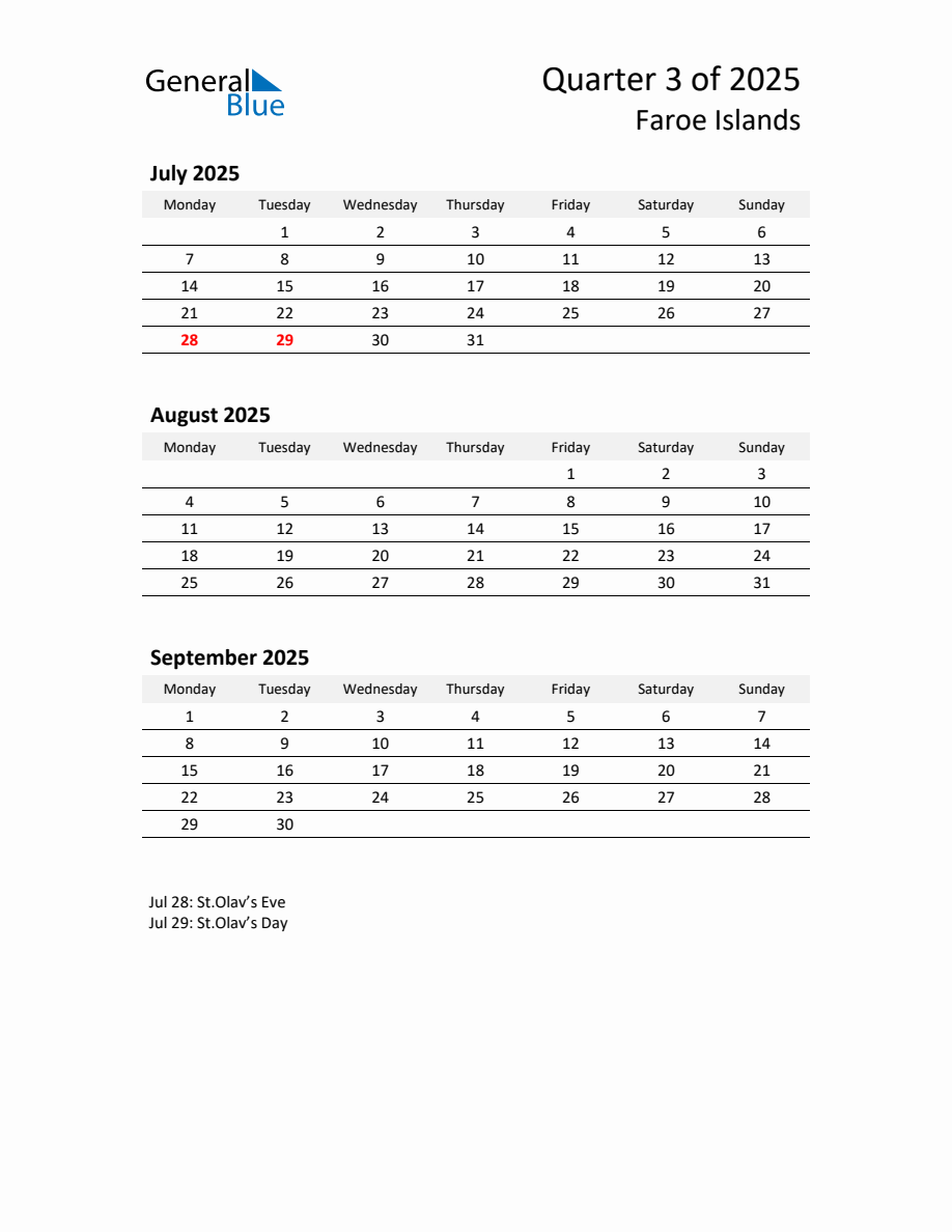 2025 ThreeMonth Calendar for Faroe Islands