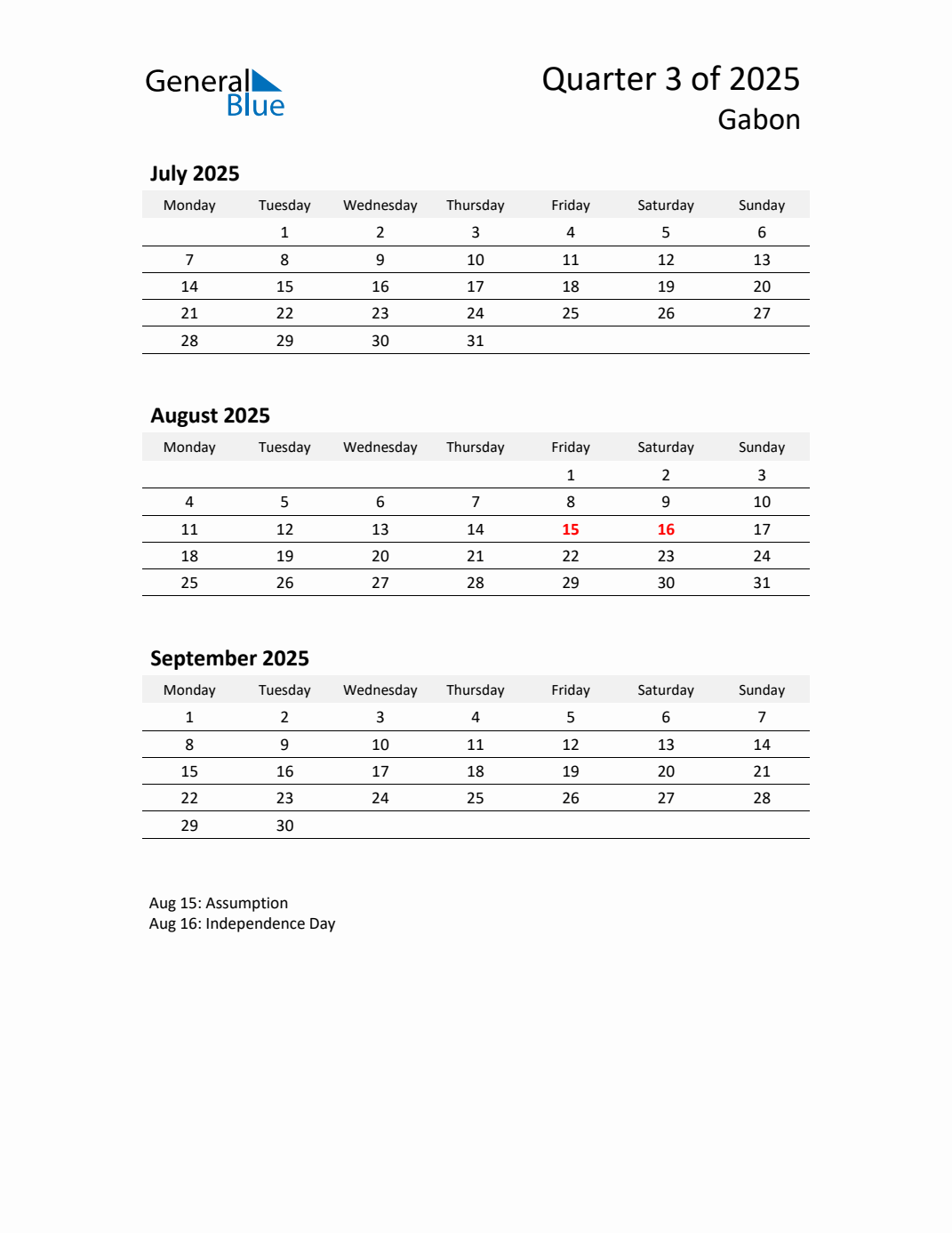 Q3 2025 Monday Start Quarterly Calendar with Gabon Holidays