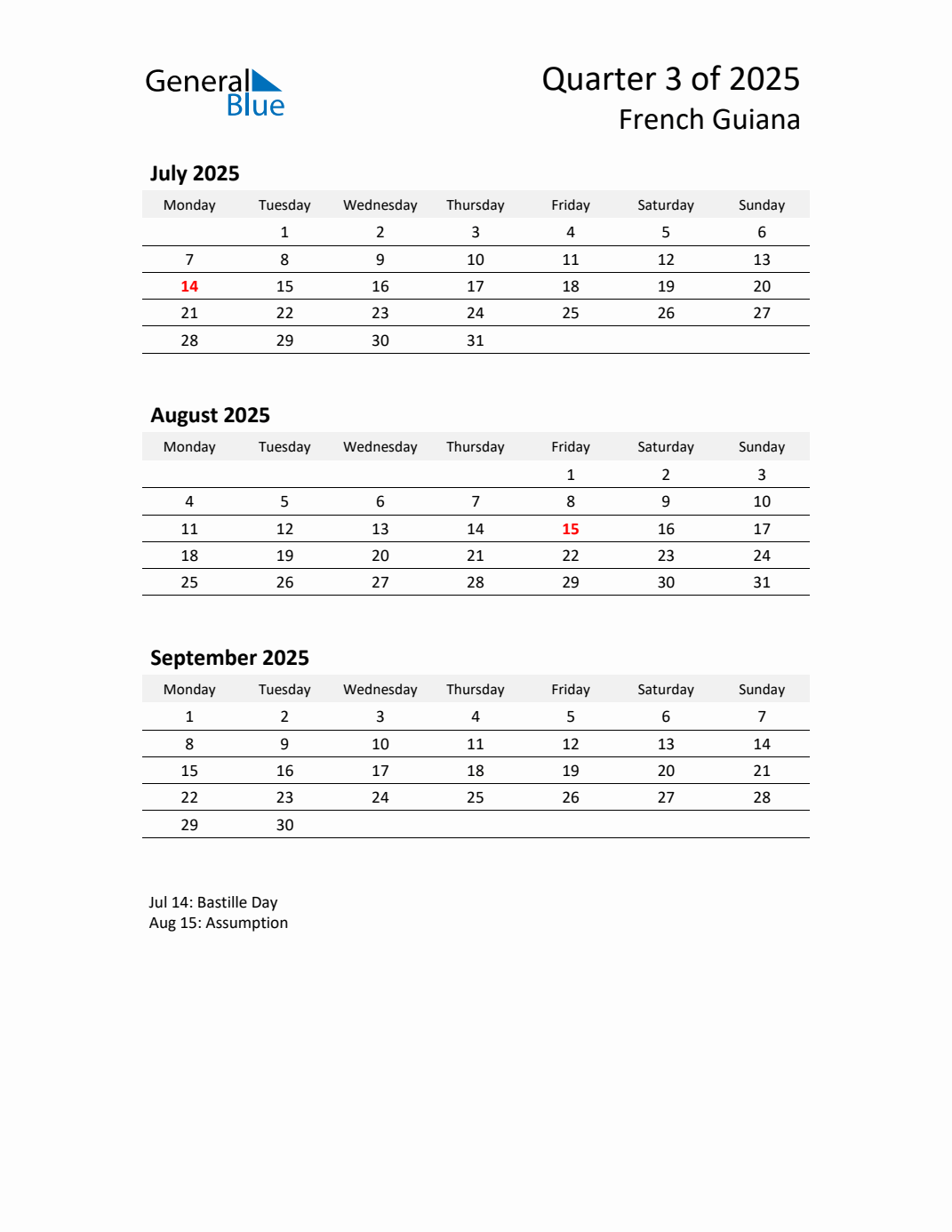 Threemonth calendar for French Guiana Q3 of 2025