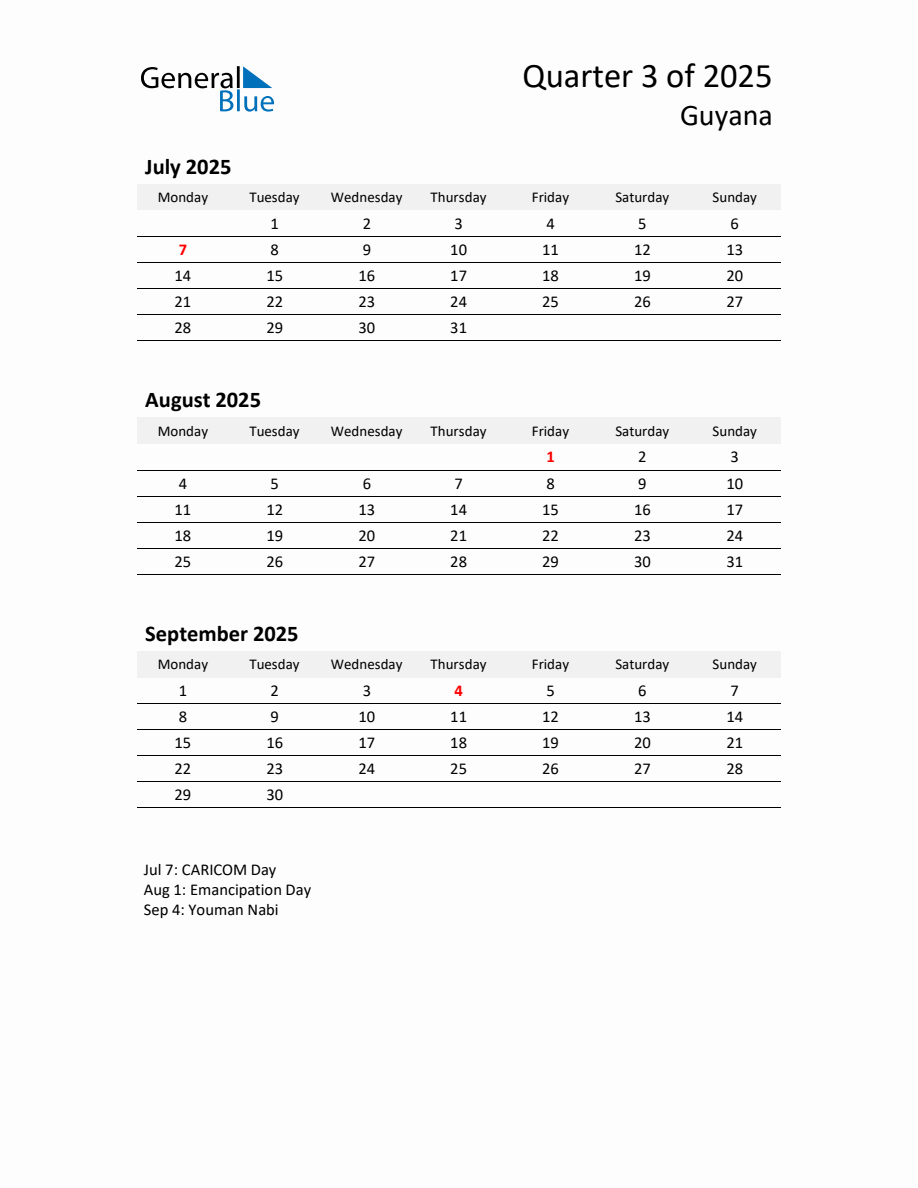 2025 ThreeMonth Calendar for Guyana