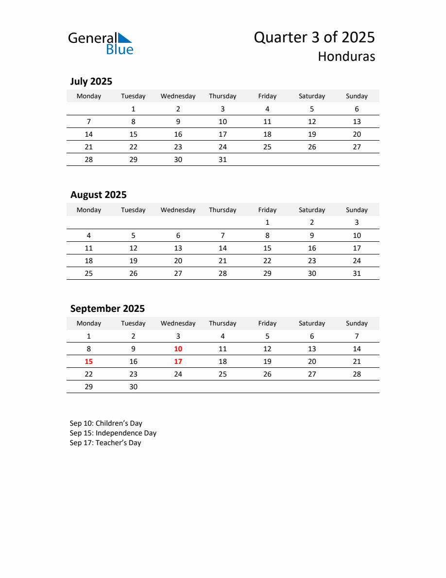 2025 ThreeMonth Calendar for Honduras