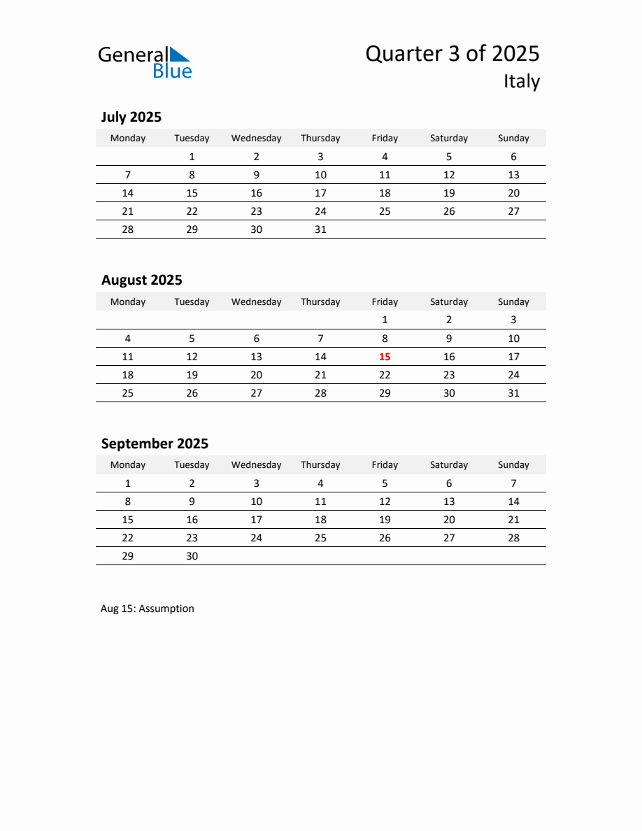 2025 ThreeMonth Calendar for Italy