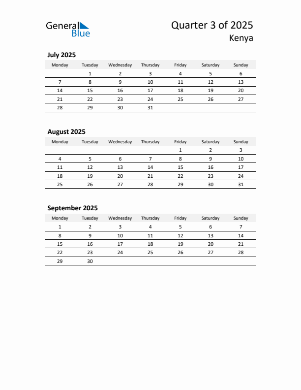 2025 Three-Month Calendar for Kenya