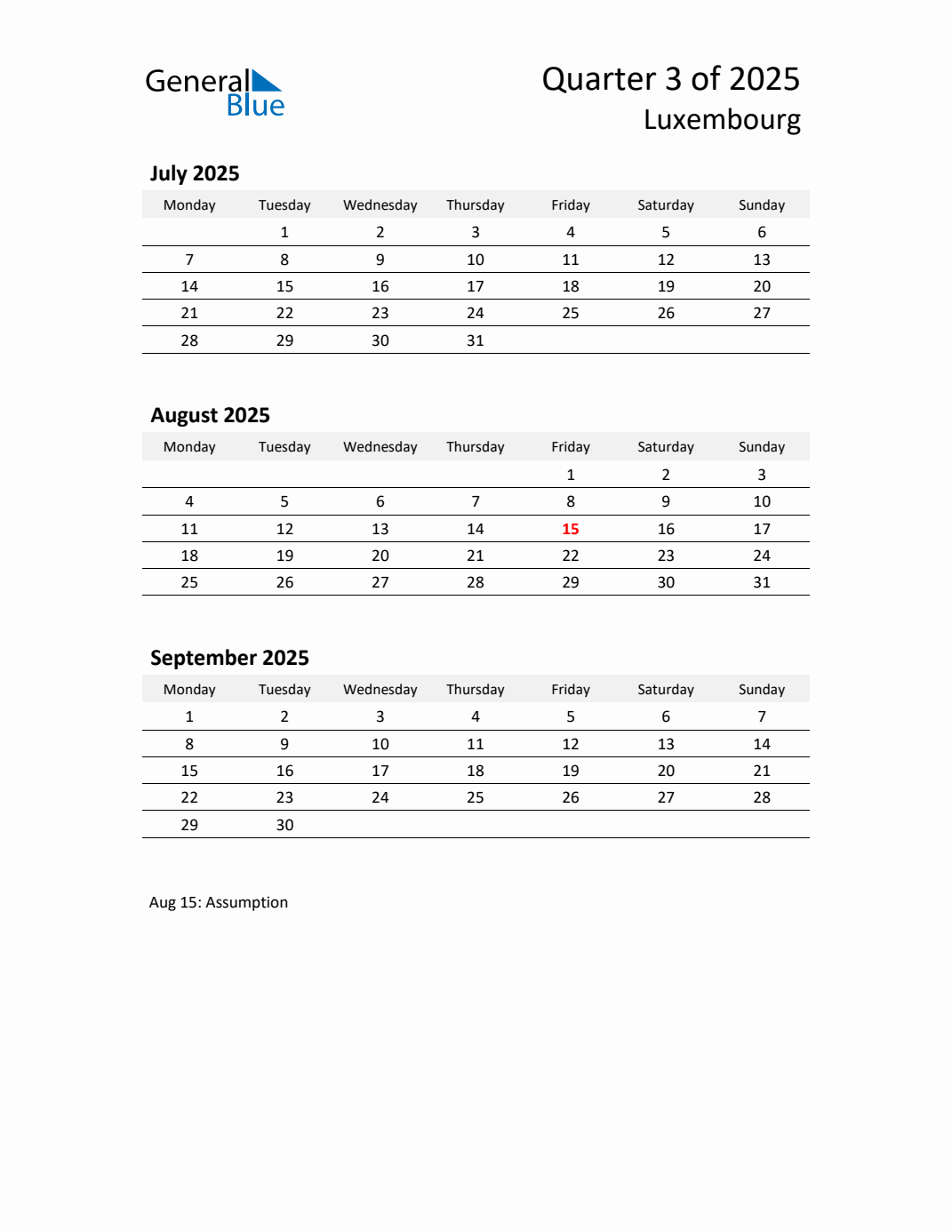 Threemonth calendar for Luxembourg Q3 of 2025