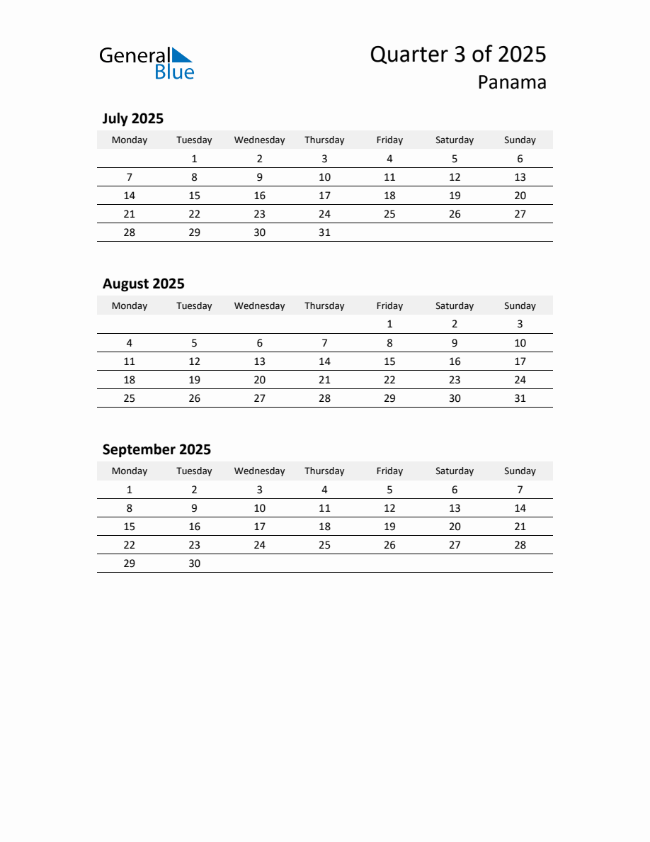 2025 ThreeMonth Calendar for Panama