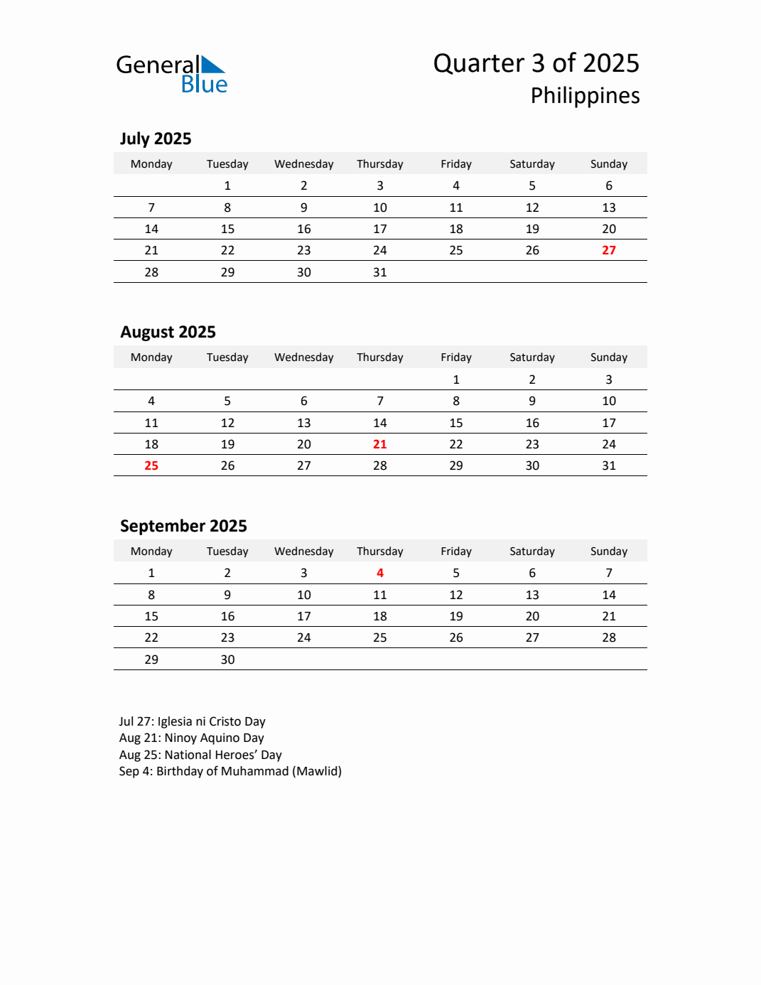 Threemonth calendar for Philippines Q3 of 2025