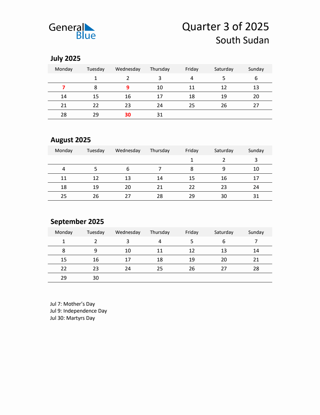 Threemonth calendar for South Sudan Q3 of 2025