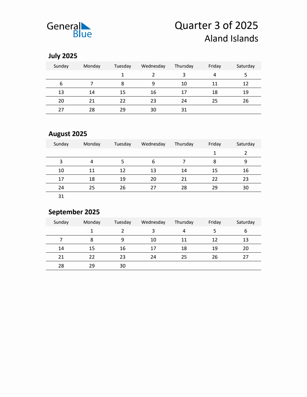 Q3 2025 Quarterly Calendar with Aland Islands Holidays (PDF, Excel, Word)